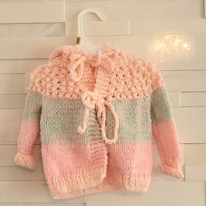 HANDMADE KNIT TIE FRONT BABY SWEATER. PINK AND MINT GREEN. SMALL MAYBE 3 MONTH